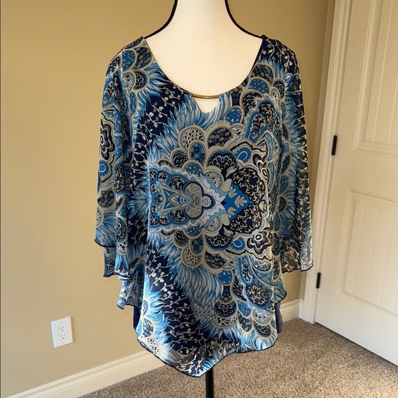 Initiatives Blue and Black Asymmetrical Poncho Sleeve Boho Blouse - Picture 1 of 11